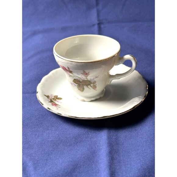 Vintage Japan Porcelain Tea Cup & Saucer Pink Rose Floral Gold Trim Shabby Chic - Picture 1 of 10